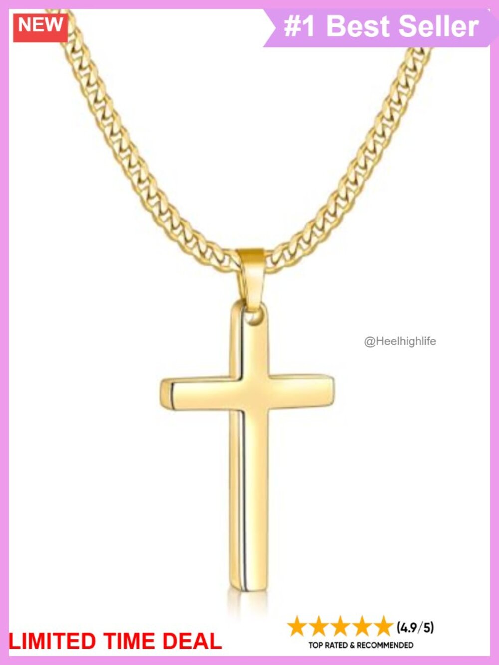 Men's 14k Gold Plated Stainless Steel Cross Necklace Cuban Chain 24"